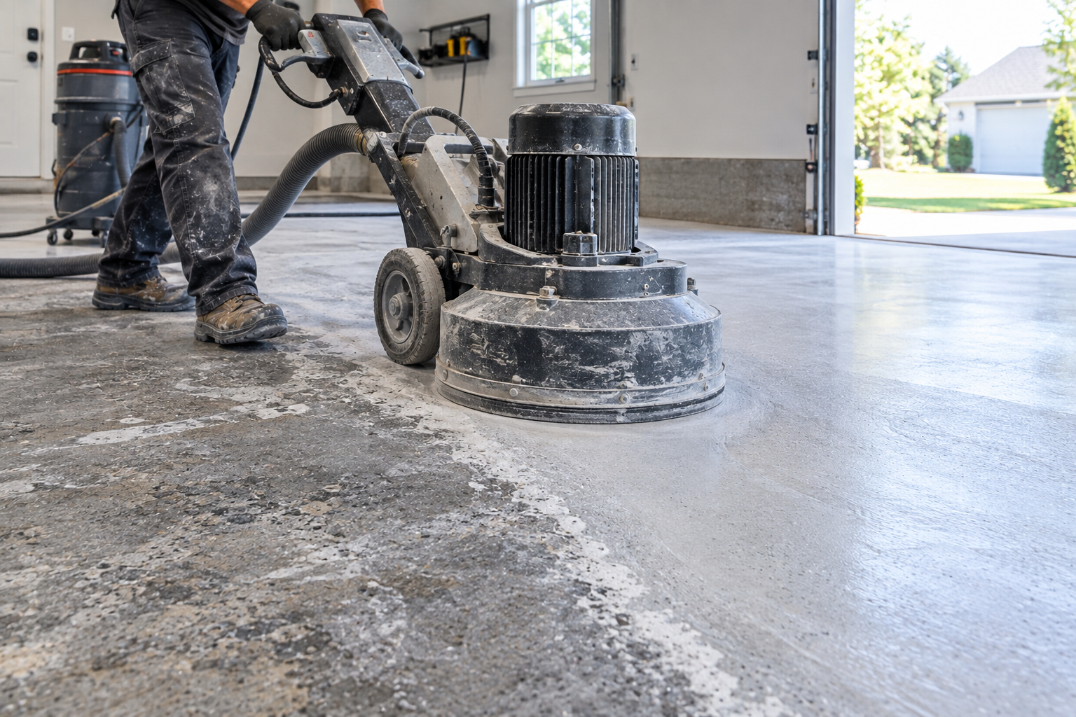 Diamond grinding concrete before garage floor coating