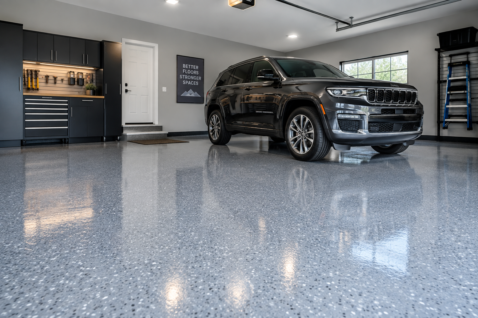 Polyurea garage floor coating in a finished garage